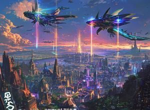 龙禁漫奇幻漫画《异界纪元》封面，异世界城市全景，飞行器与魔法阵交相辉映