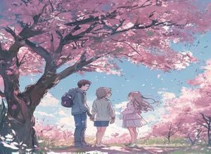 龙禁漫恋爱漫画《星河约定》封面，校园少女与少年在樱花树下相遇，温柔粉蓝色调