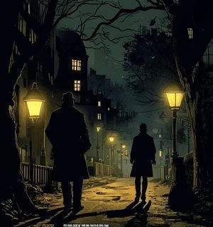 龙禁漫悬疑漫画《深夜密室》封面，昏黄路灯下侦探剪影，气氛神秘压抑